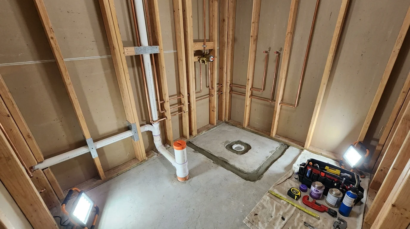 Bathroom rough-in plumbing during remodel by Johns Plumbing LLC in Ajo