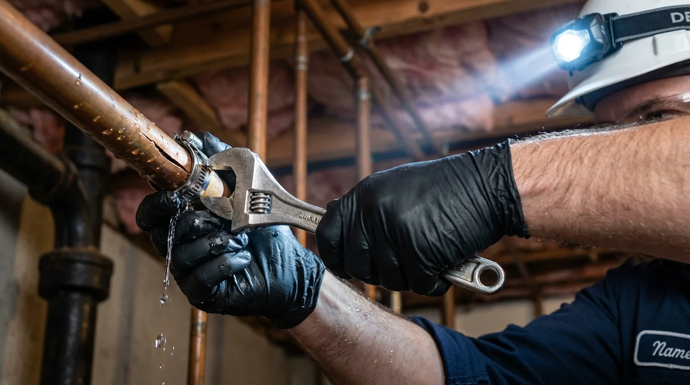 Emergency pipe clamp repair being performed by a Johns Plumbing LLC plumber in Ajo