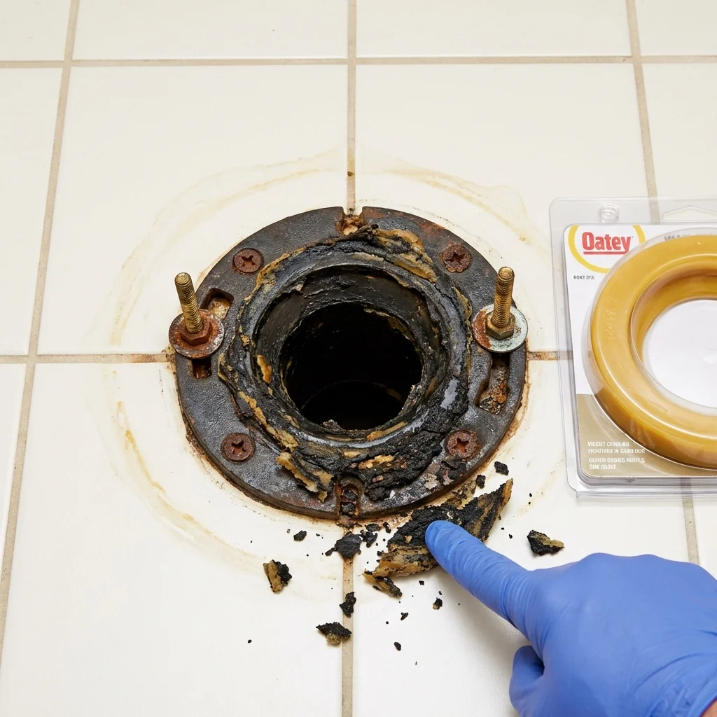 Failed wax ring showing water seepage at the base of a toilet in a Ajo, AZ home